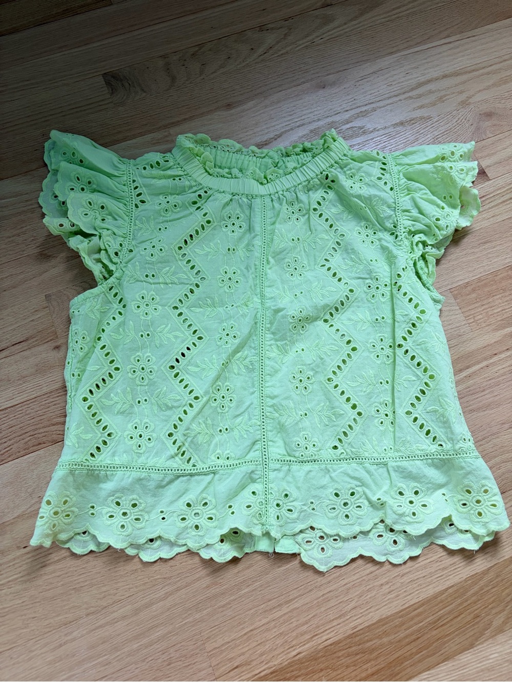 Jennifer & Grace Green Eyelet Embroidered Ruffle Sleeve Cotton Top S
